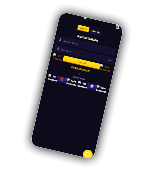 Emperia Casino sign-in and registration screen